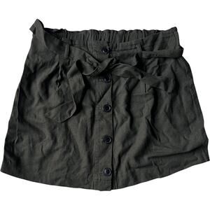 Linen Blend Paperbag Waist Mini Skirt L Dark Olive Button Front Belted